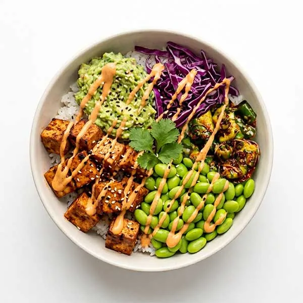 Tofu & Edamame Poke Bowl with Spicy Sriracha Mayo
